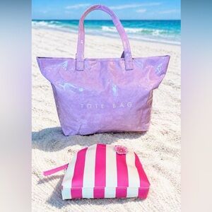 Lavender Tote Bag w Pink Striped Elizabeth Arden Makeup Pouch/Bag NWOT TWO-fer‼️